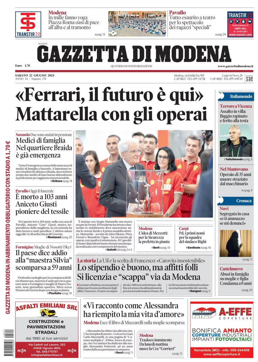 Prima-pagina-gazzetta di modena-oggi-edizione-del-2024-06-22